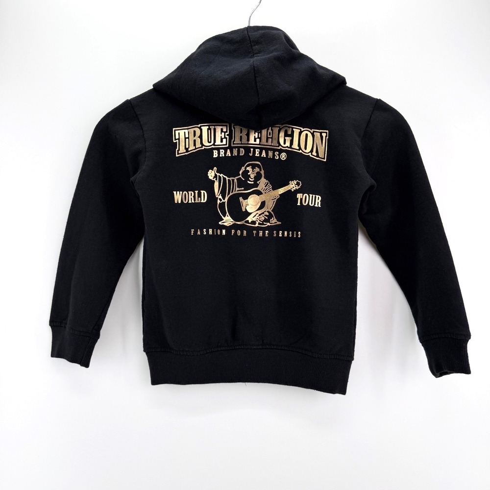 True Religion Kids Zip Up Horseshoe Logo Hoodie Size 4 Cotton Black Gold Street